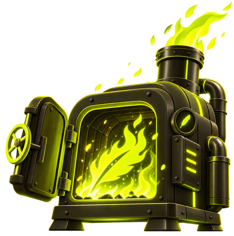 An incinerator with its door open, a feather burning inside